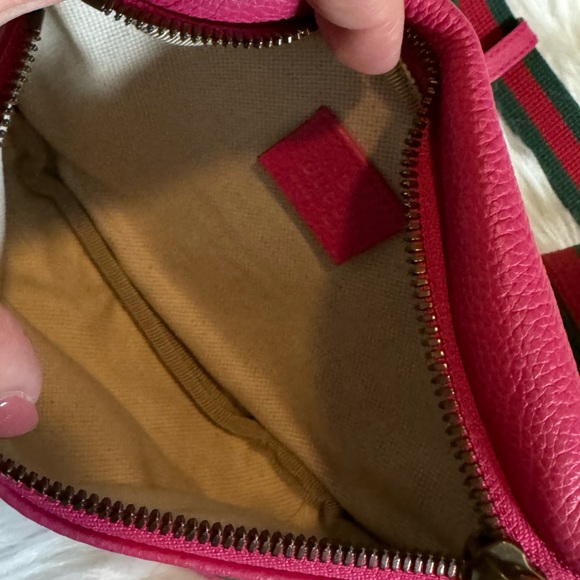 GUCCI Grained Calfskin Small Logo Belt Bum Bag Pink Green - Picture 12 of 14